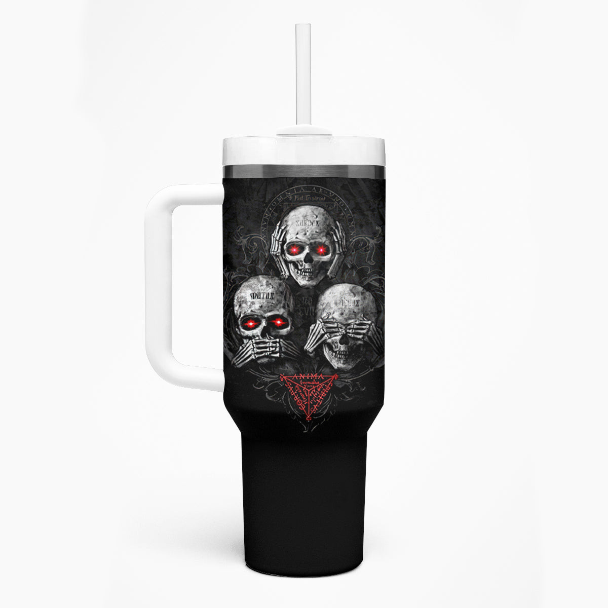 Skull Tumbler With Handle No See No Hear No Speak Evil