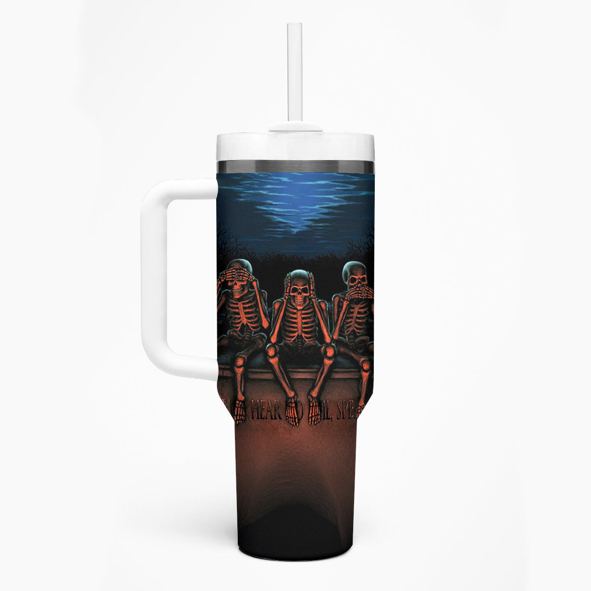 Skull Tumbler With Handle Three Skeleton No See No Speak No Hear