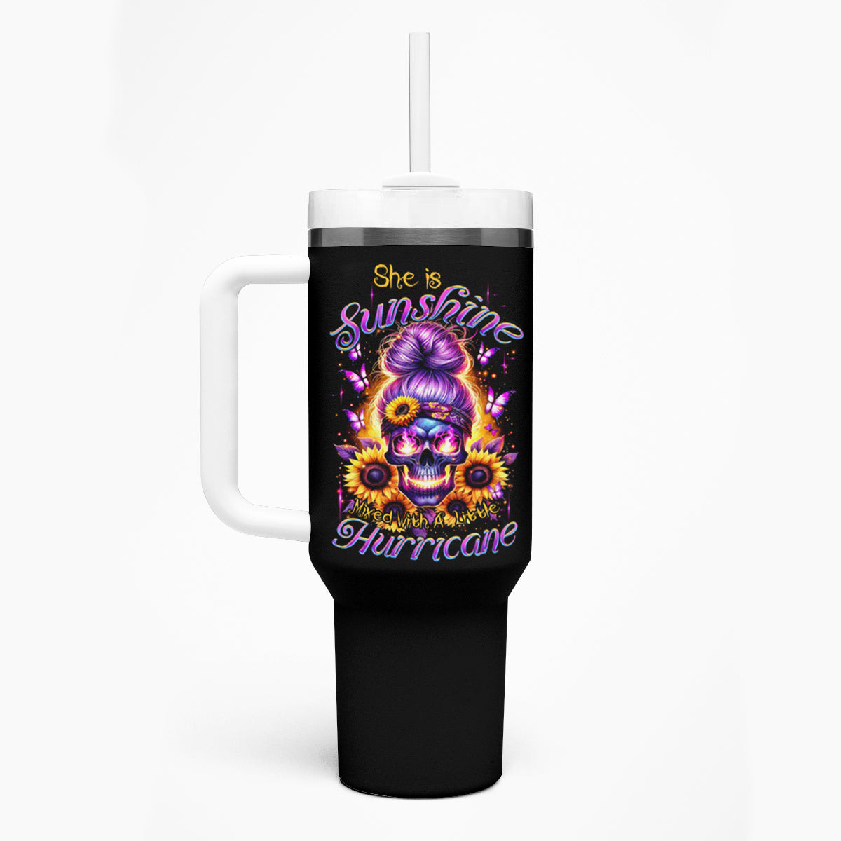 Sunflower Skull Tumbler With Handle She Is Sunshine Mixed With A Little Hurricane