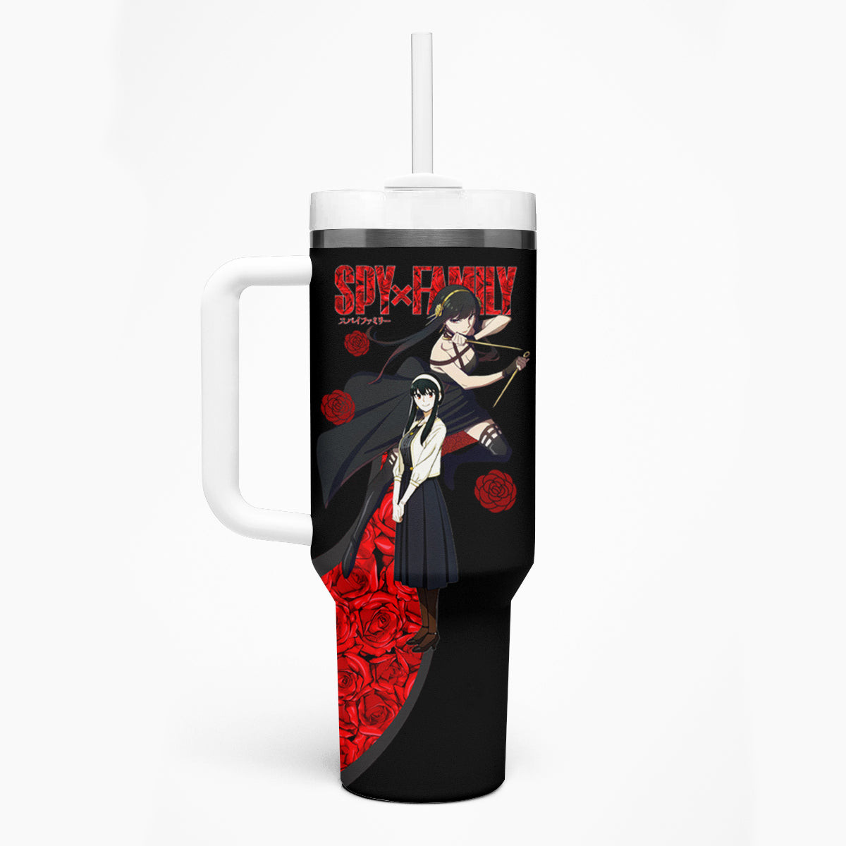 Yor Foger Spyxfamily Tumbler With Handle Black And Roses Anime Style