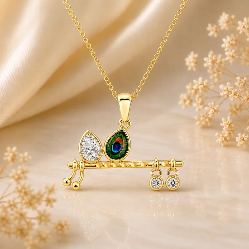 Peacock Feather & Diamond Bansuri Pendant Necklace image 1