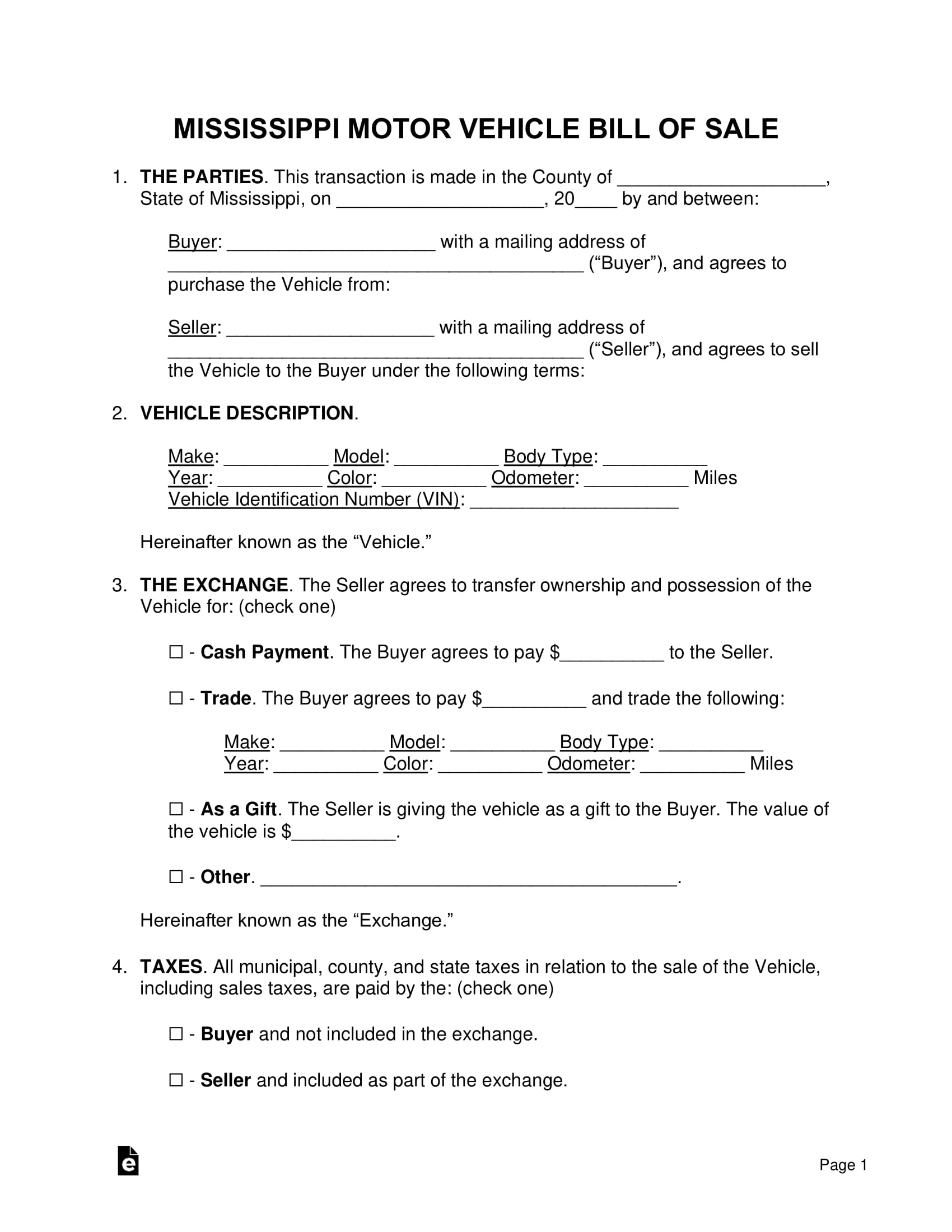 Free Official Mississippi Bill Of Sale Vehicle Form (Printable Samples ...