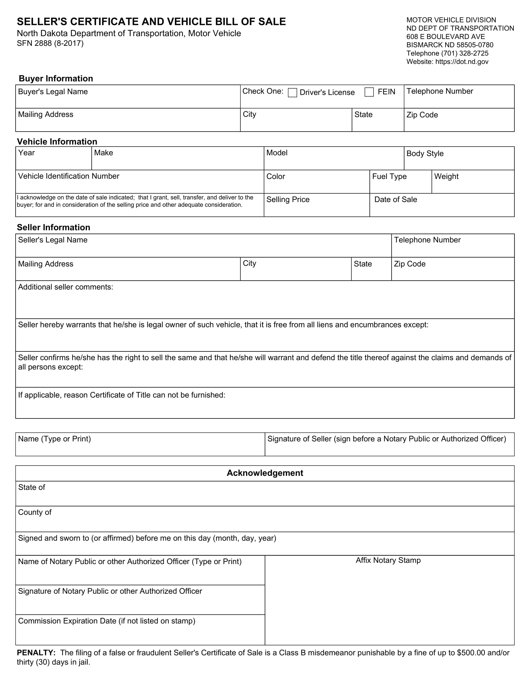 Free Official North Dakota Bill Of Sale Vehicle Form (Printable Samples ...