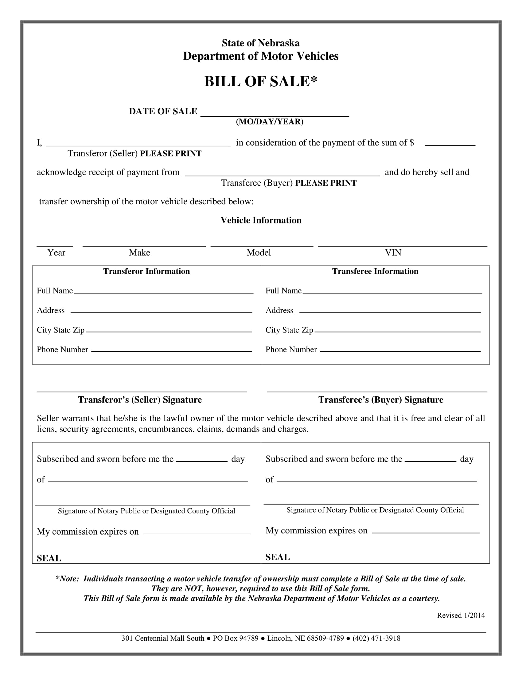 Free Official Nebraska Bill Of Sale Vehicle Form (Printable Samples