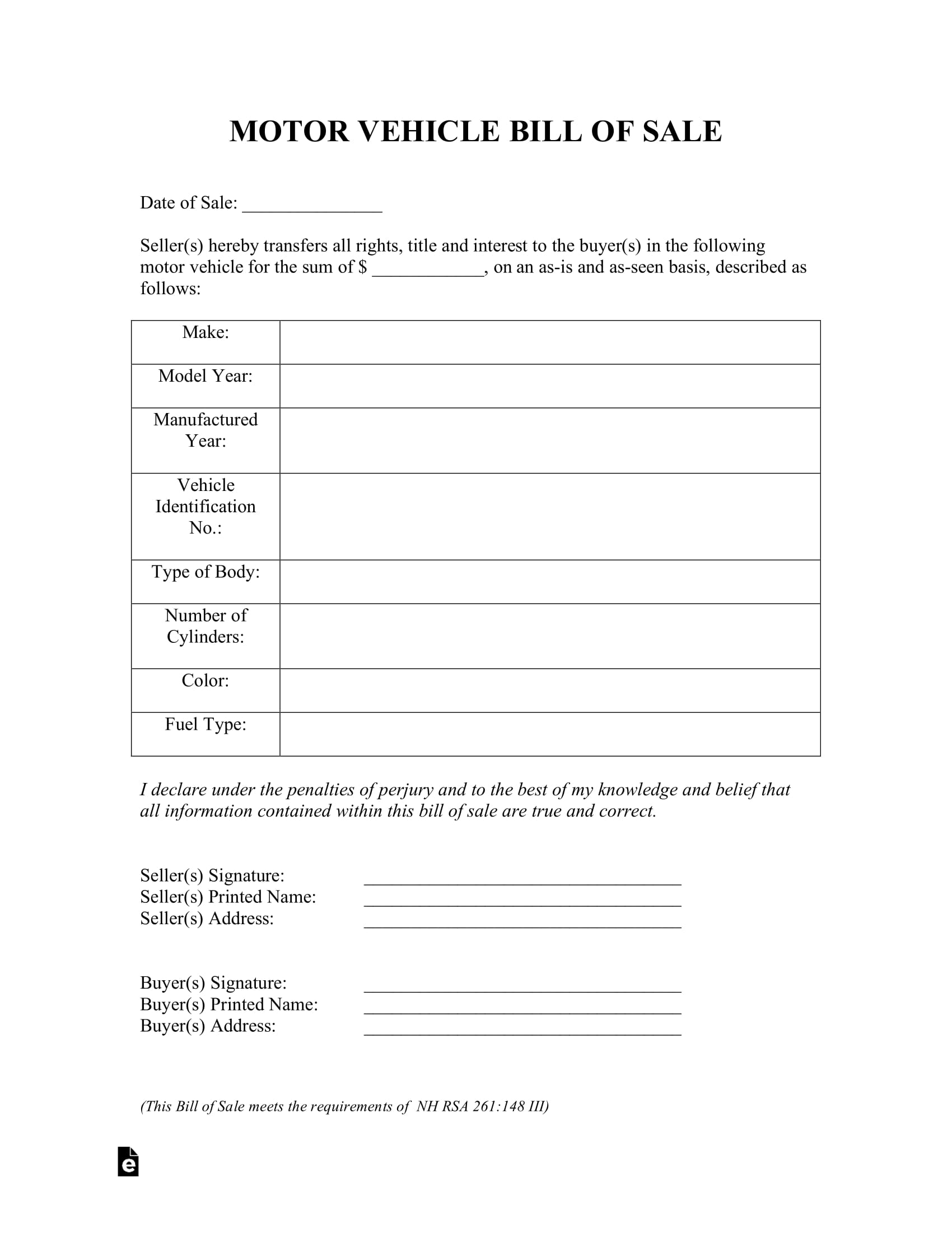 Free Official New Hampshire Bill Of Sale Vehicle Form (Printable ...