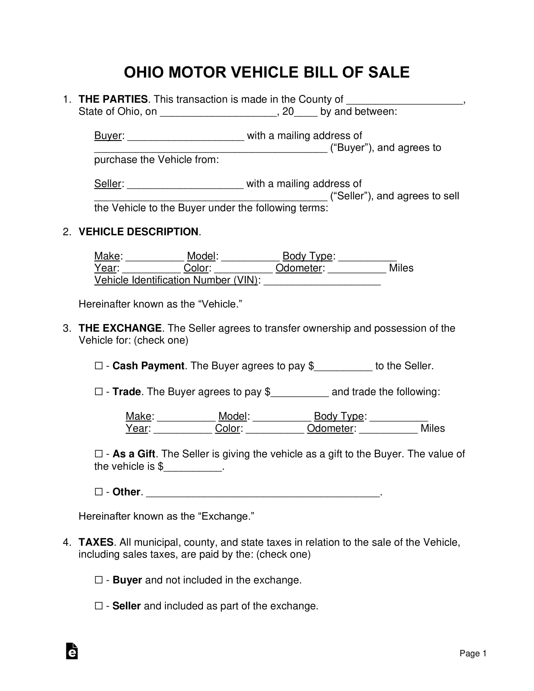 Free Official Ohio Bill Of Sale Vehicle Form (Printable Samples) CDL