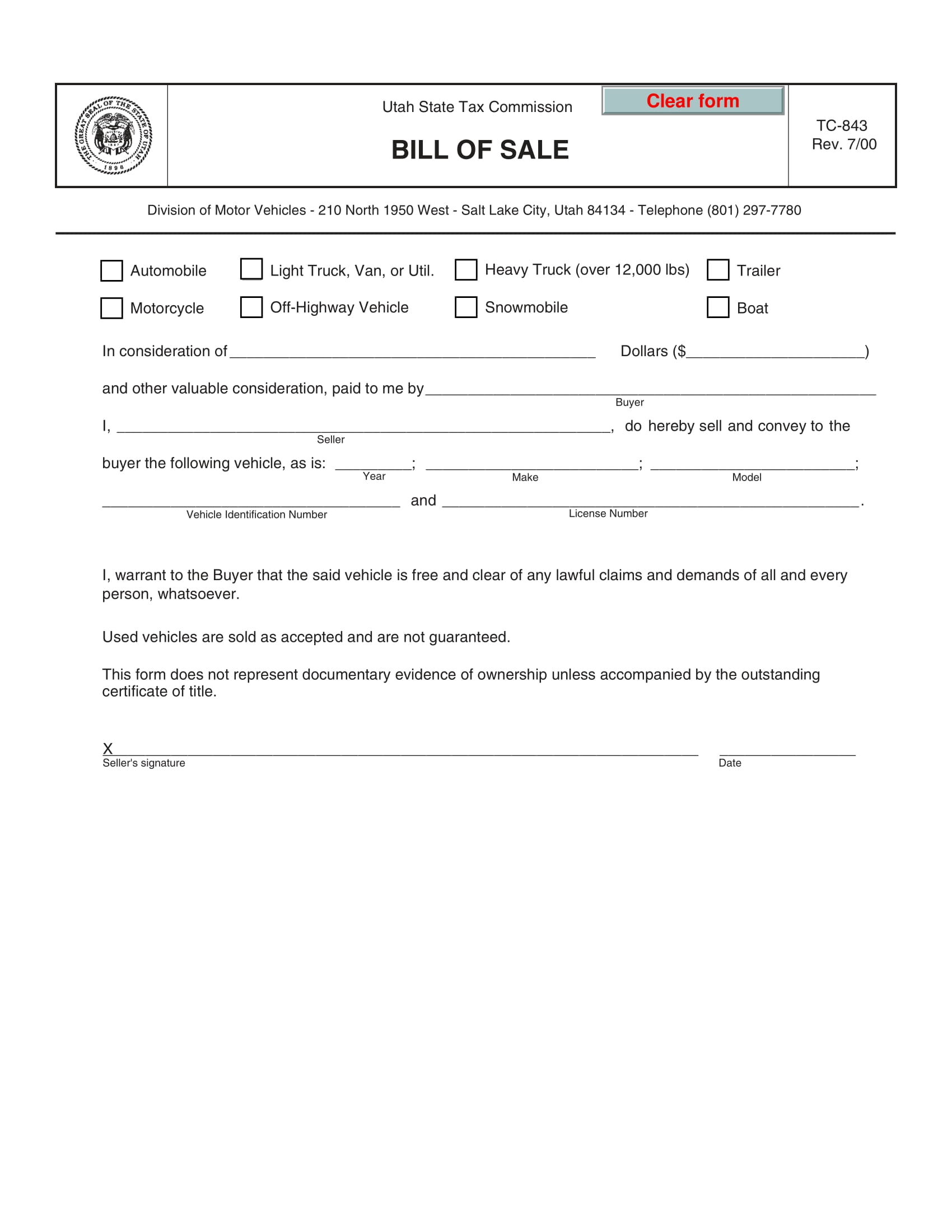 Free Official Utah Bill Of Sale Vehicle Form (Printable Samples) CDL