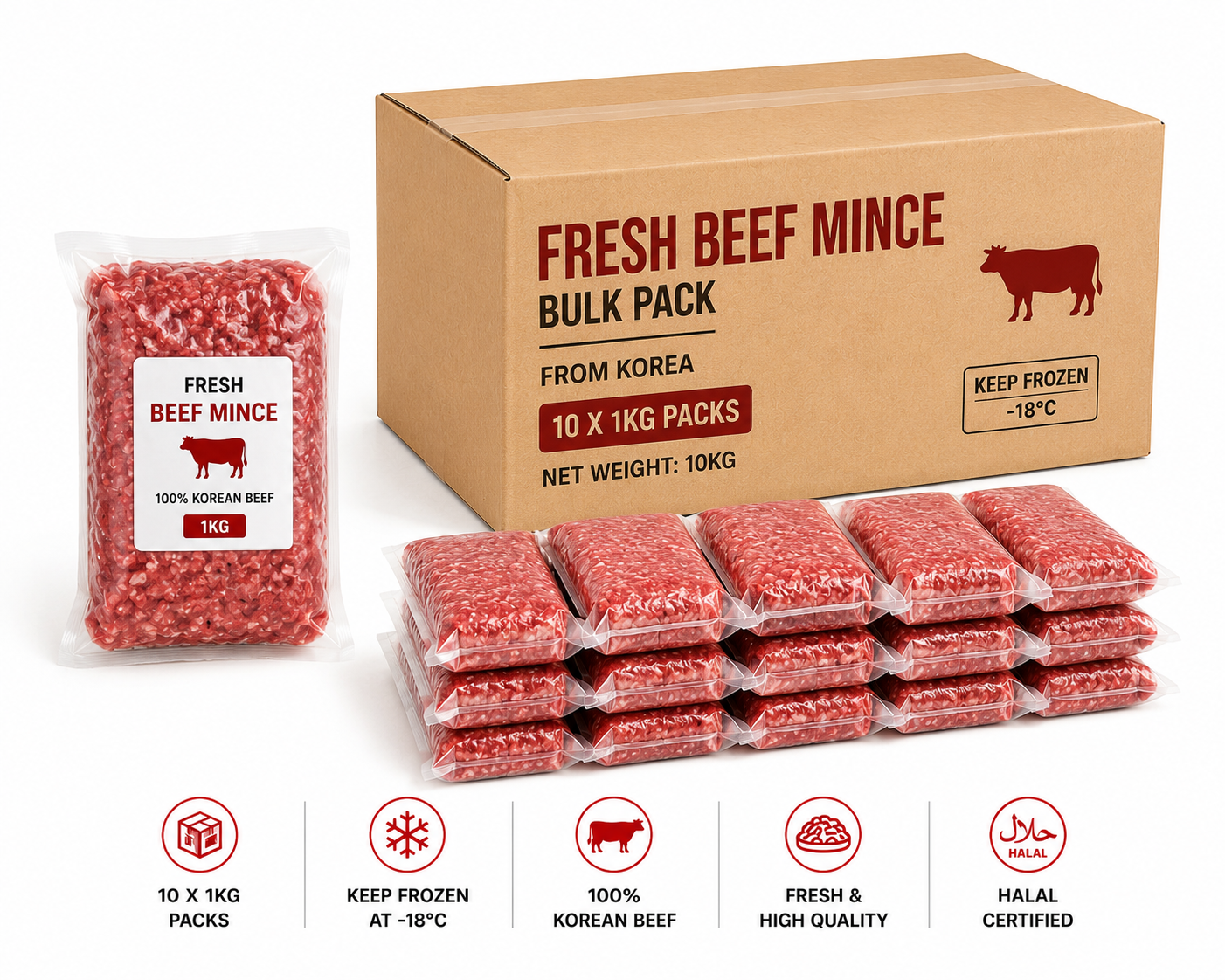 Fresh Korean Beef Mince (10 × 1kg Packs) – 10kg Bulk Pack