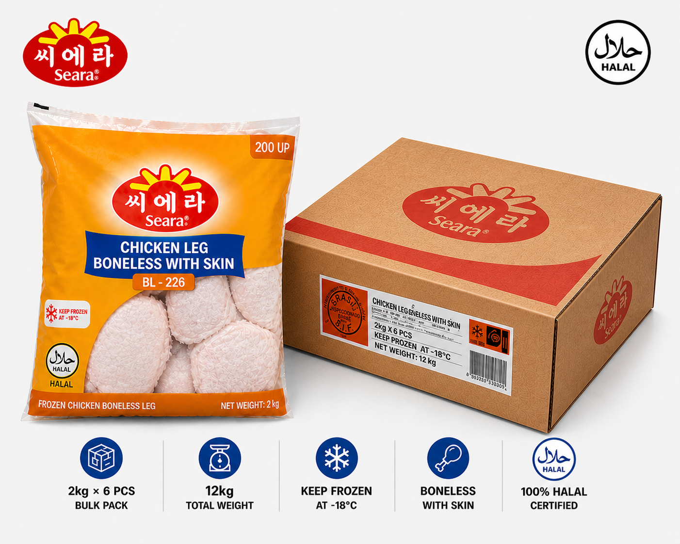 Seara Chicken Leg Boneless with Skin 12kg (2kg x 6 pcs) Halal – Bulk Frozen Chicken for Restaurants & Home Cooking