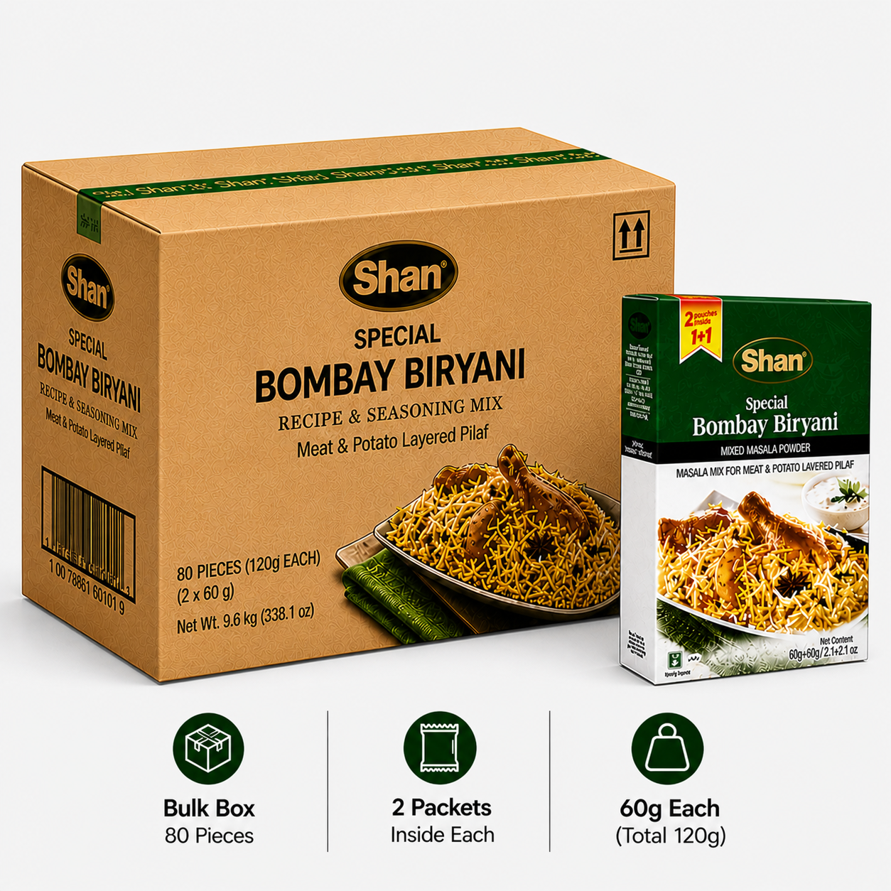 Shan Special Bombay Biryani Masala Bulk Box (80 Pieces) – 120g Each (2 x 60g Sachets) | Authentic South Asian Spice Mix