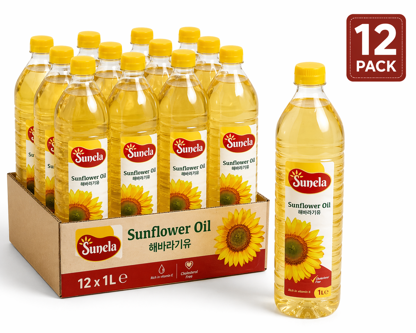 Sunela Sunflower Oil 1L x 12 Pack (Bulk Value Bundle) | Premium Cooking Oil for Frying, Cooking & Daily Use (Best Price Korea)