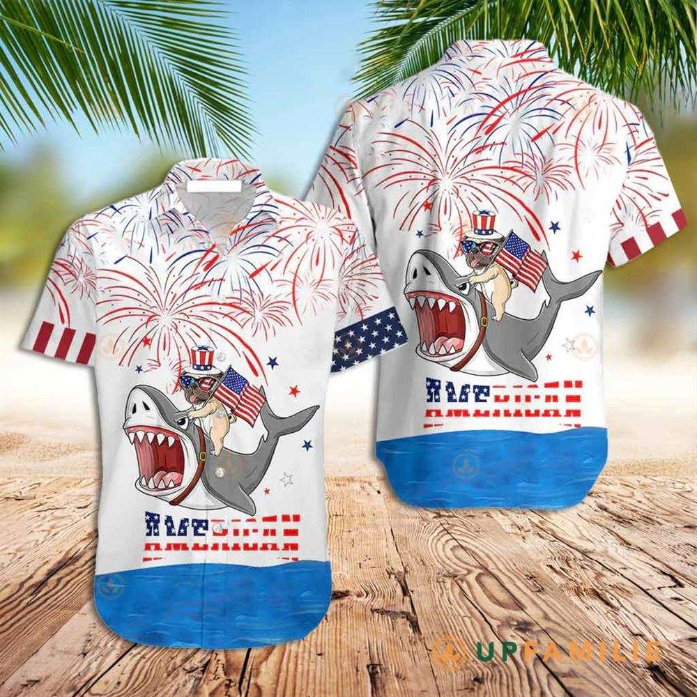 Shark Hawaiian Shirt Puppy Riding Shark With American Flag Firework Aloha Shirt