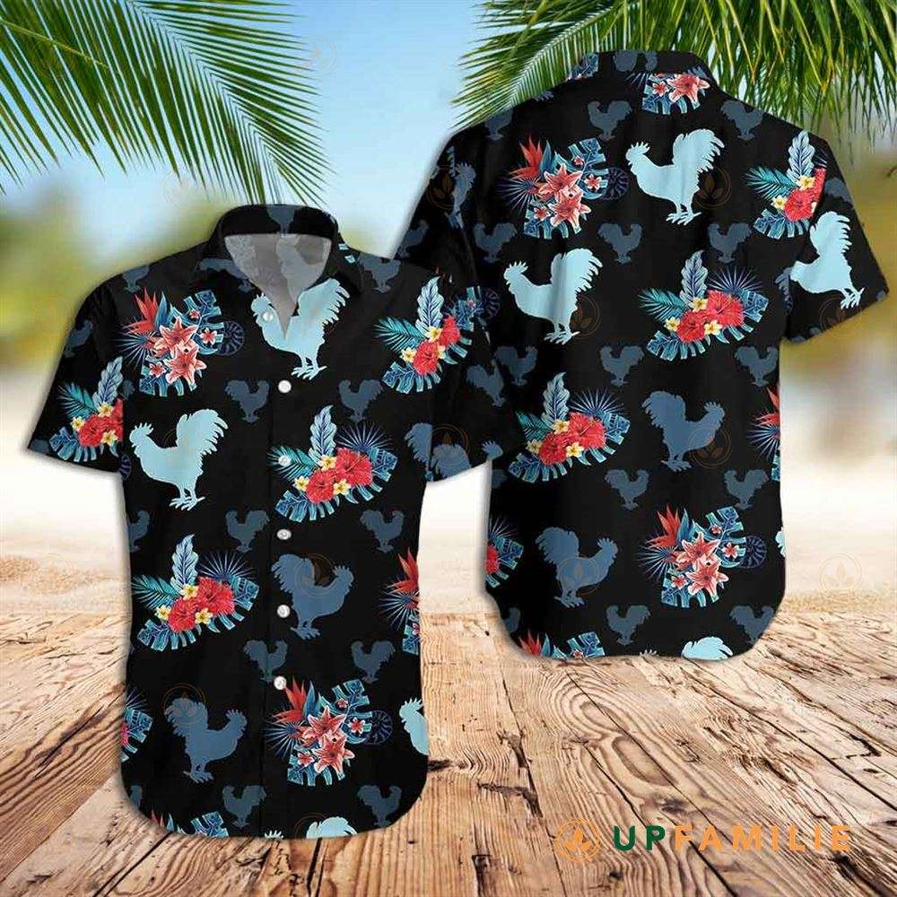 Rooster Hawaiian Shirt Rooster In Tropical Blue Hawaiian Shirt