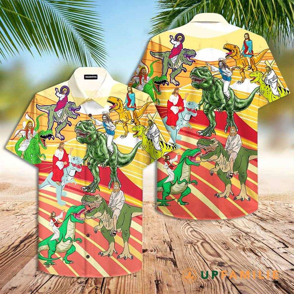 Dinosaur Hawaiian Shirt Jesus Riding A Dinosaur Aloha Shirt