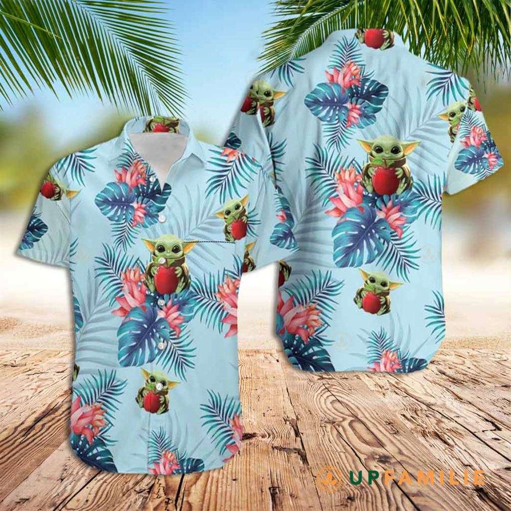 Blue Hawaiian Shirt Baby Yoda Hugging Apples Seamless Tropical Flowers Best Hawaiian Shirts