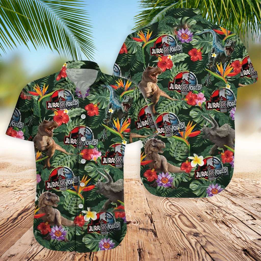 Jurassic Park Hawaiian Shirt Tropical Leaves And Flower Hawaiian Shirt