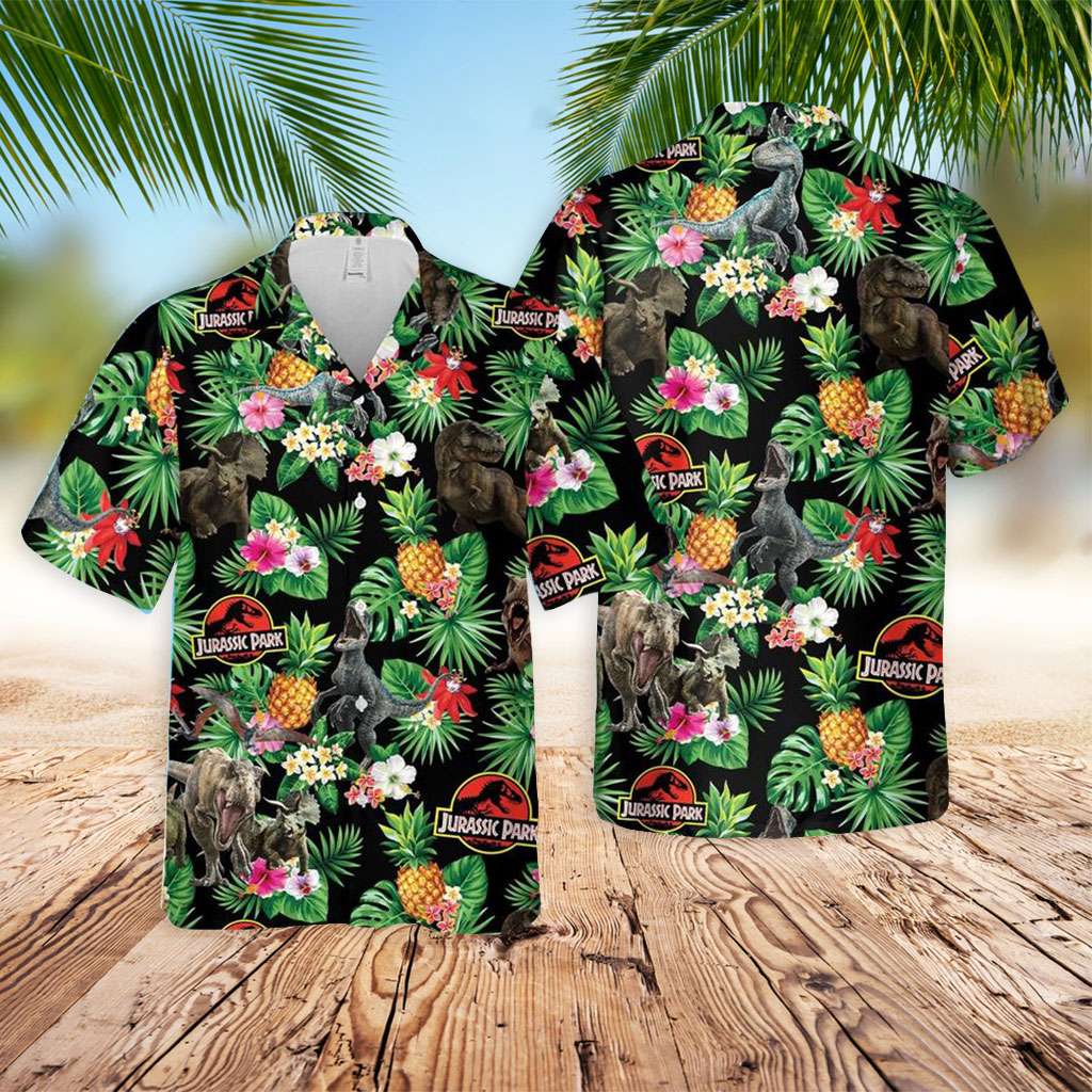 Jurassic Park Hawaiian Shirt Tropical Leaves And Pineapple Hawaiian Shirt