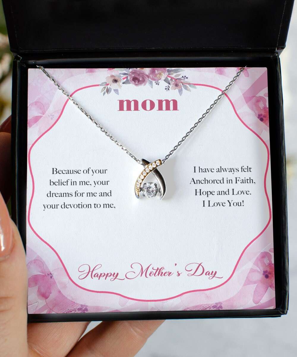 Mom Necklace Anchored In Faith Hope And Love Wishbone Dancing Necklace Mother’s Day Gifts