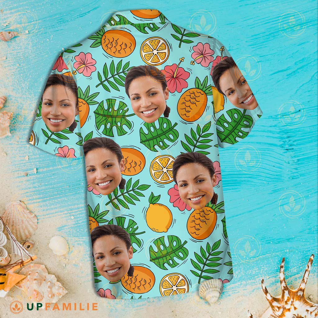 Custom Face Tropical Shirt Orange Pineapple Leaves Custom Hawaiian Shirts