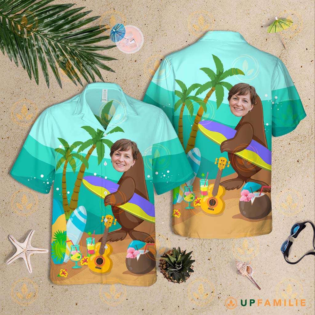 Custom Face Hawaiian Shirts Sea Lion Surfing Hawaiian Shirts For Women