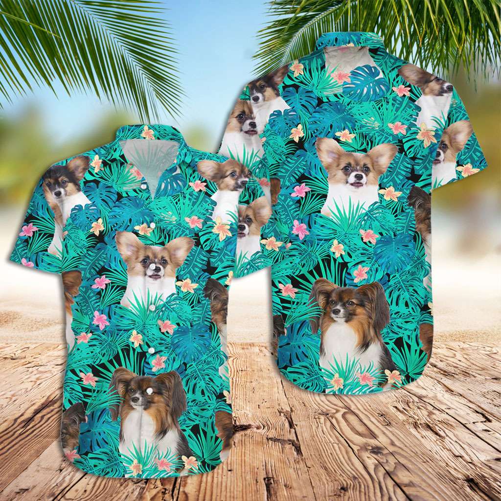 Dog Hawaiian Shirt Papillon Dog Tropical Leaves Custom Photo Hawaiian Shirts
