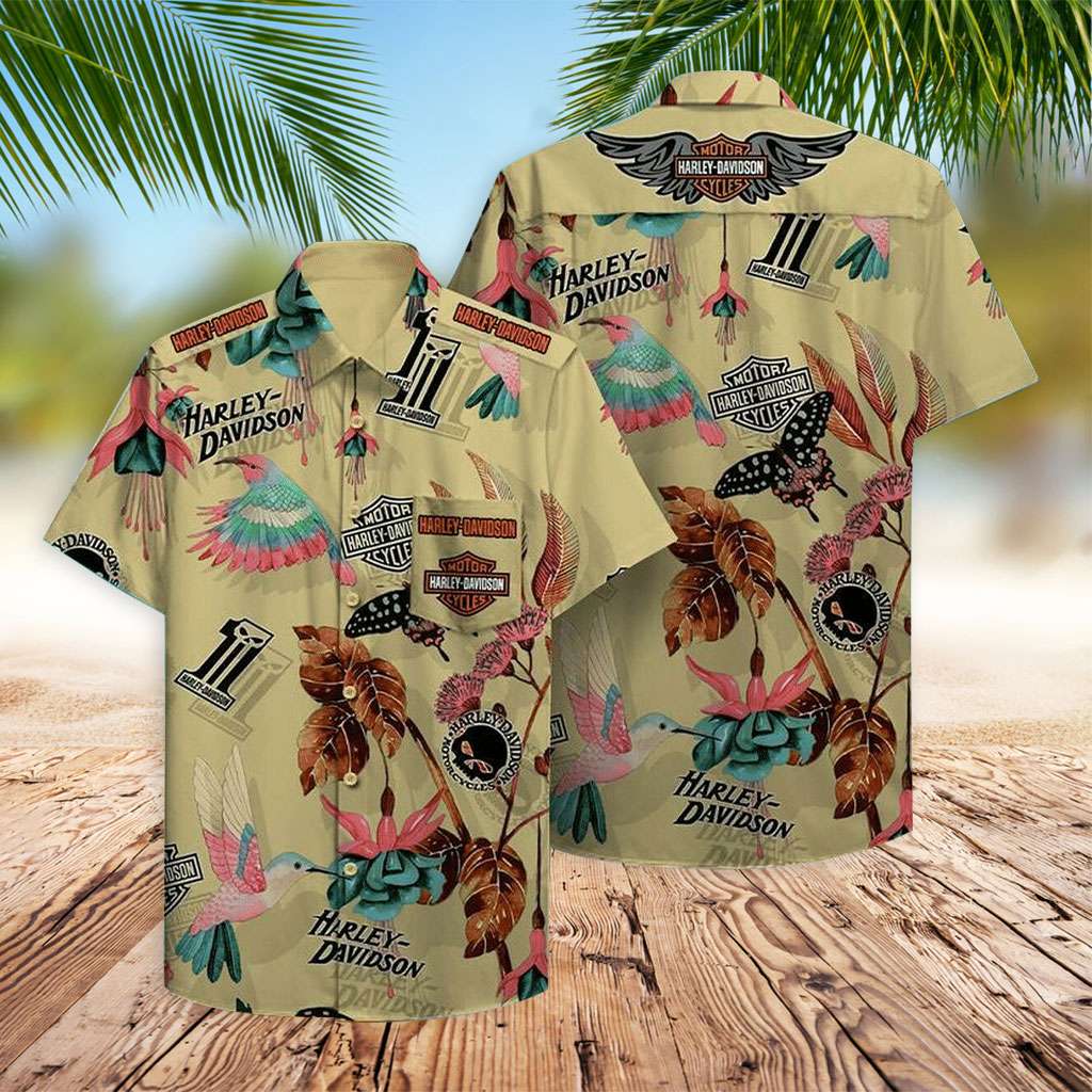 Harley Davidson Hawaiian Shirt Butterfly Bird And Leaves Hawaiian Shirt