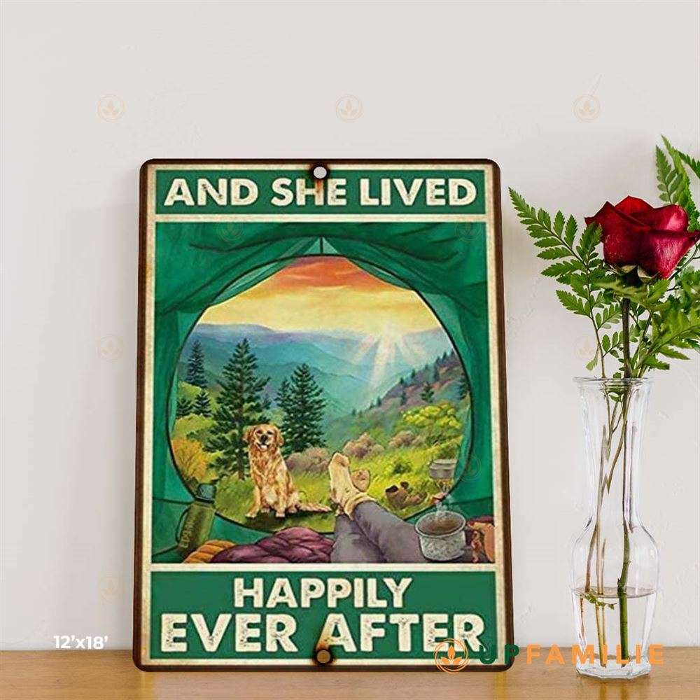 Vintage Metal Signs Camping And Golden Retriever Dog And She Lived Happily Ever After