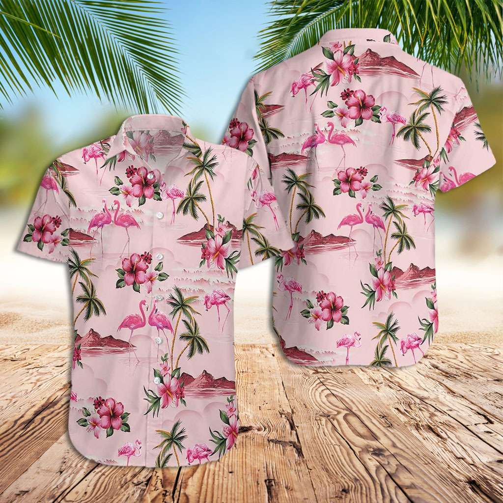 Flamingo Hawaiian Shirt Pink Flower And Coconut Trees Hawaiian Shirt