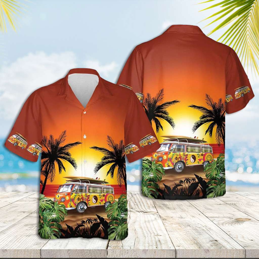 Vans Hawaiian Shirt Hippie Camping Van On The Sunset Hawaiian Shirt