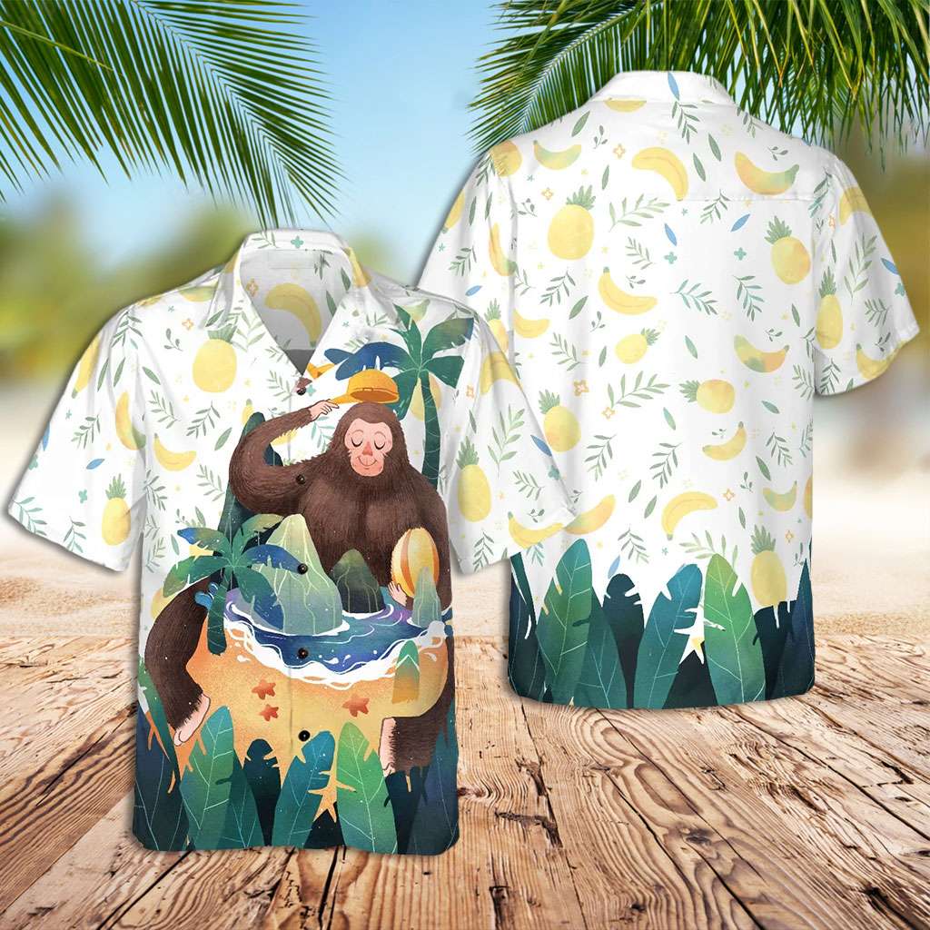 Bigfoot Hawaiian Shirt Bigfoot On The Beach Hawaiian Shirt
