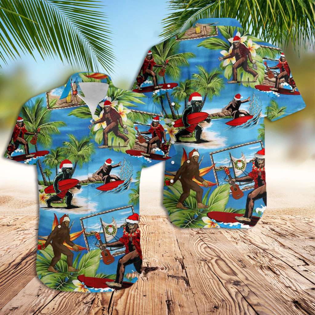 Bigfoot Hawaiian Shirt Christmas Bigfoot At The Beach Hawaiian Shirt