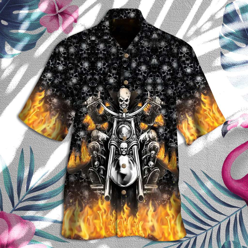 Skull Hawaiian Shirt Skull Skeleton Rider On Fire Hawaiian Shirt