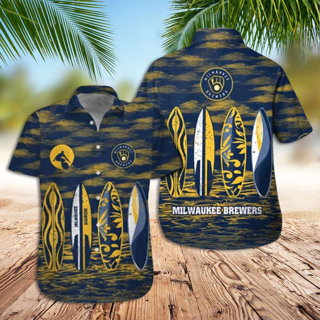 Brewers Hawaiian Shirt Milwaukee Brewers Surfboard Yellow Blue Hawaiian Shirt