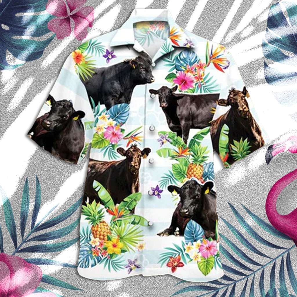 Cow Hawaiian Shirt Black Angus Cattle Lovers Tropical Flower Hawaiian Shirt