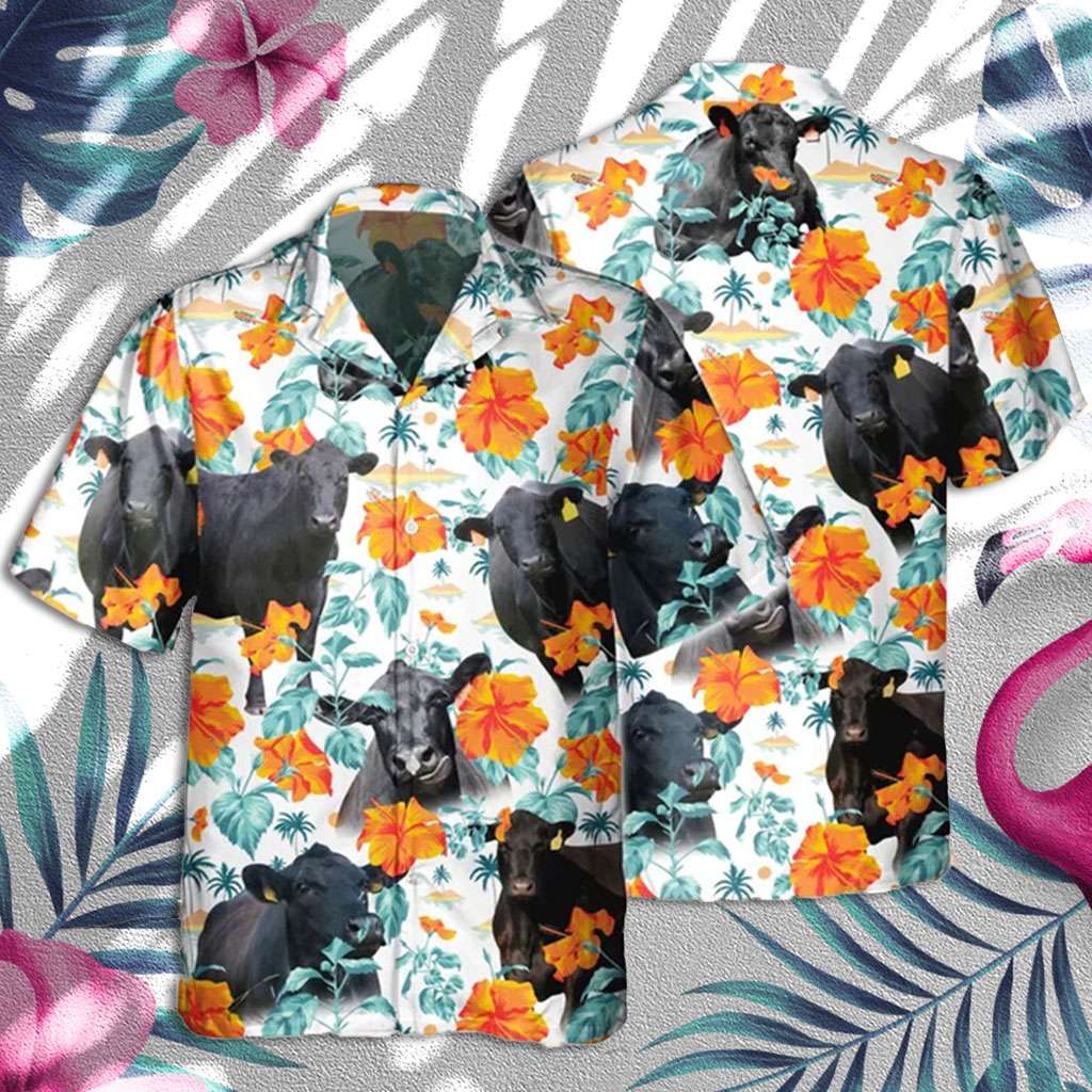 Cow Hawaiian Shirt Black Angus Orange Floral Hawaiian Shirt
