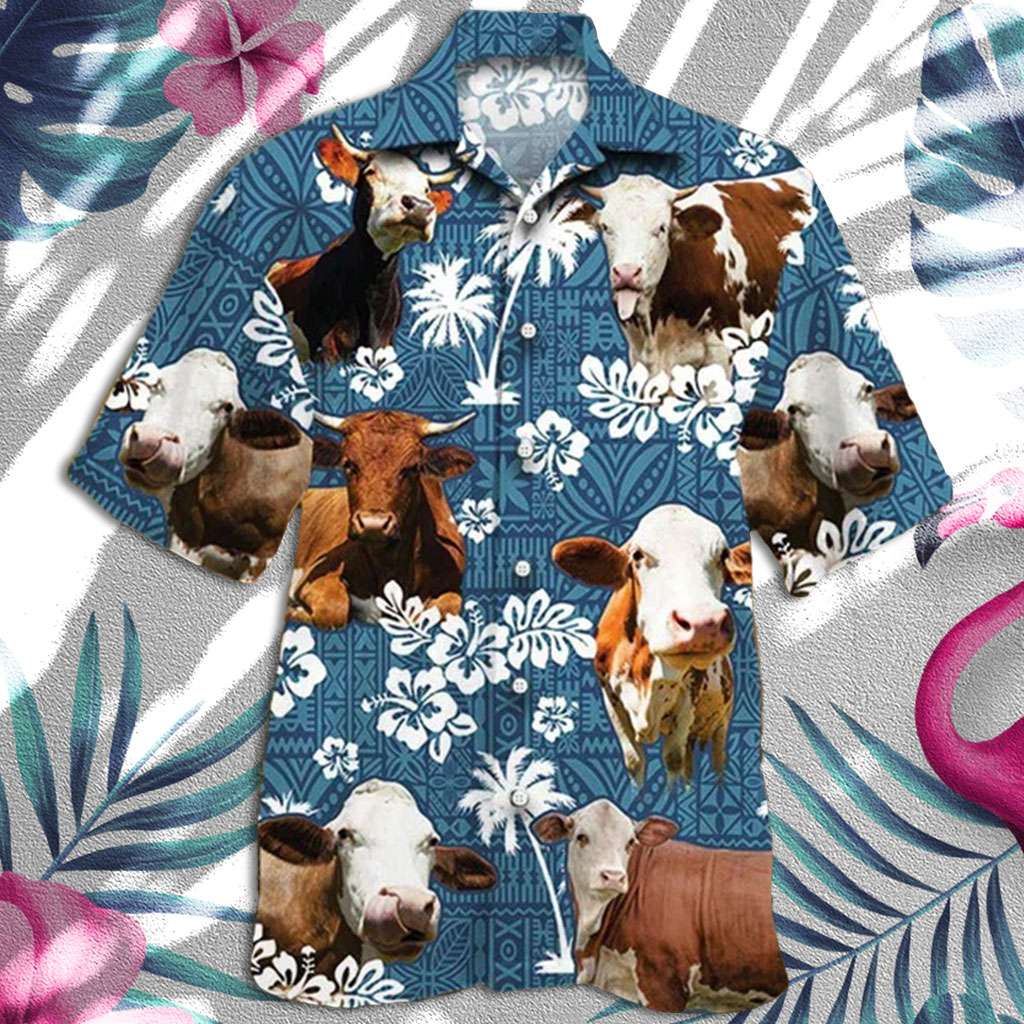 Cow Hawaiian Shirt Simmental Cattle Lovers Blue Tribal Hawaiian Shirt