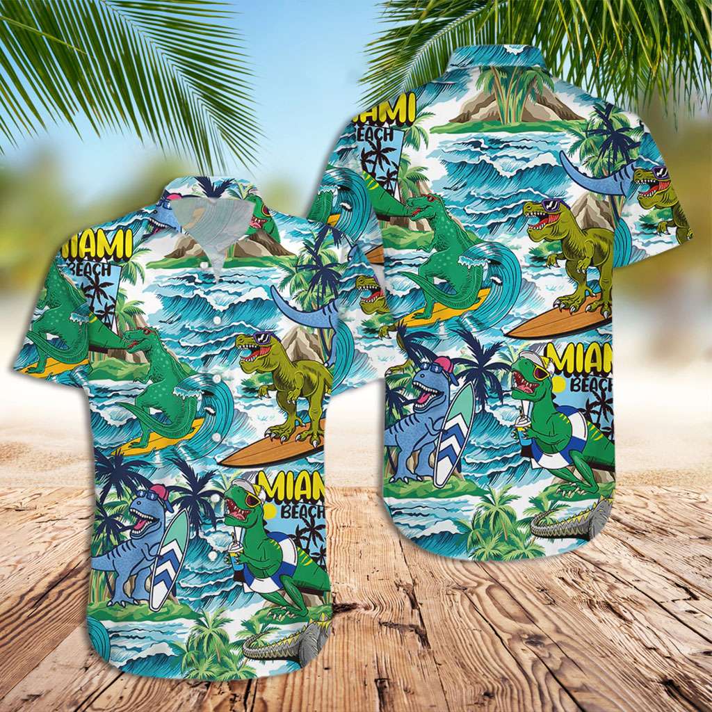 Dinosaur Hawaiian Shirt Dinosaur Surfing Hawaiian Shirt