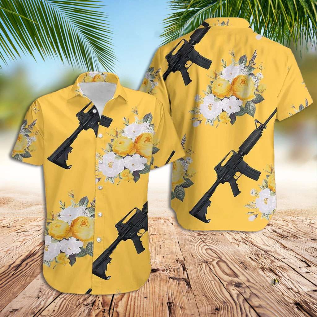 Gun Hawaiian Shirt Guns Flower Yellow Hawaiian Shirt