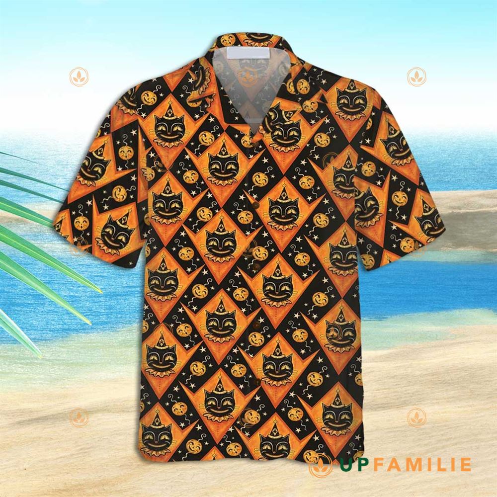 Black And Orange Hawaiian Shirt Grinning Black Cats Best Hawaiian Shirts