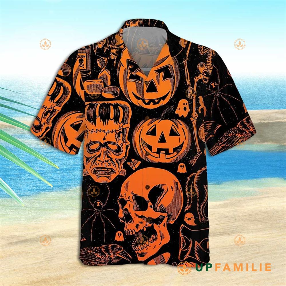 Black And Orange Hawaiian Shirt Scary Pumpkin Skull Skeleton Cool Hawaiian Shirts