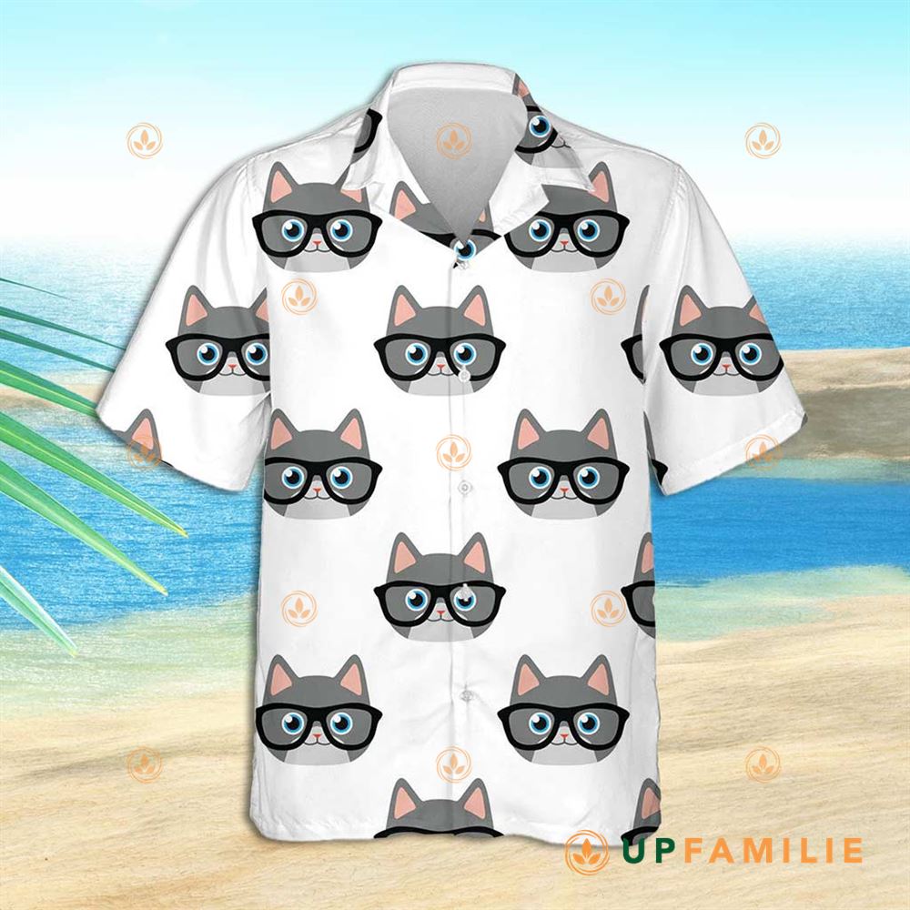 Hawaiian Shirt With Cat Face Grey Cat Face In Glasses On White Best Hawaiian Shirts