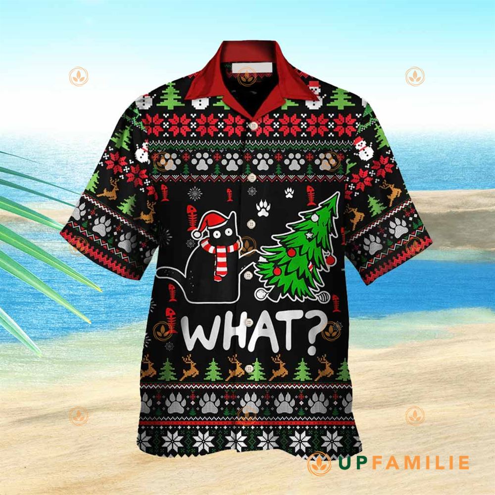 Funny Christmas Hawaiian Shirt Black Cat Wreck The Tree Cool Hawaiian Shirt