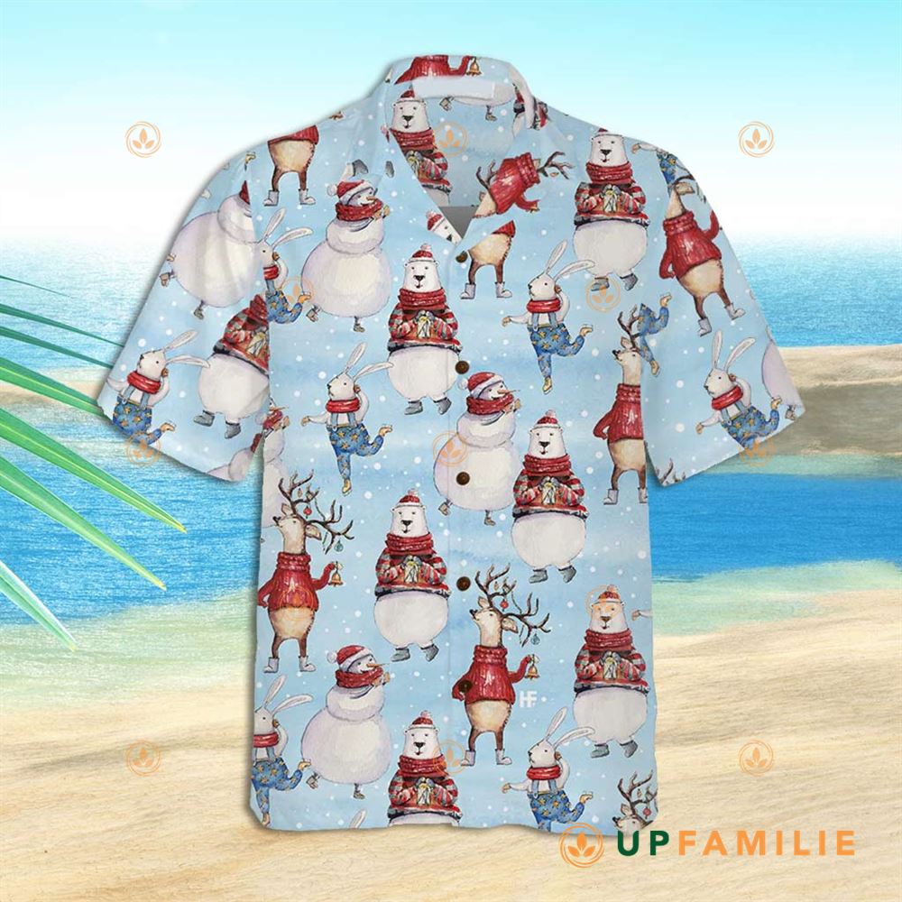 Snowman Hawaiian Shirt Christmas Pattern With Bunny And Snowman Cool Hawaiian Shirts