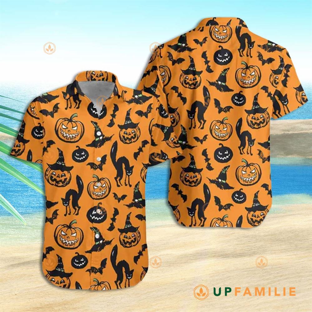 Black Cat Hawaiian Shirt Halloween Black Cat Pumpkin And Bat Orange Cool Custom Hawaiian Shirts