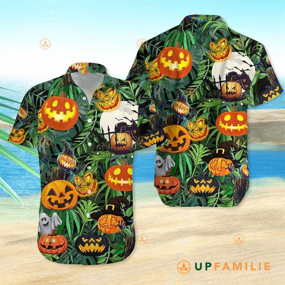 Pumpkin Hawaiian Shirt Amazing Pumpkin Halloween Green Leaf Cool Hawaiian Shirts