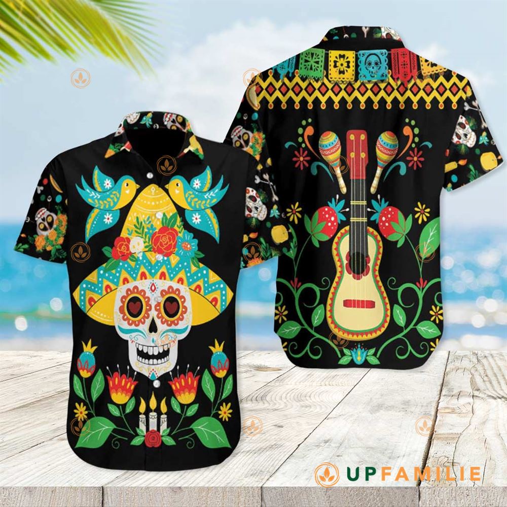 Sugar Skull Hawaiian Shirt Day Of Dead Sugar Skull And Guitar Best Hawaiian Shirts