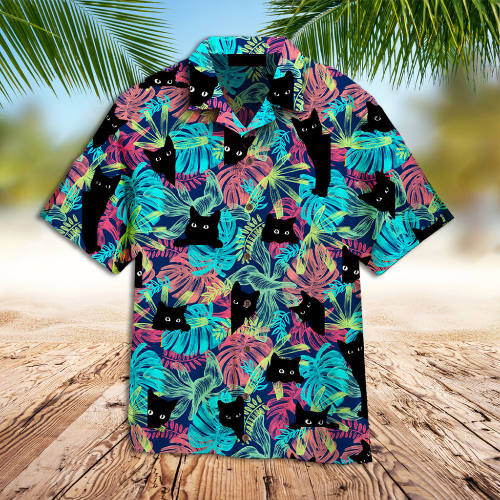 Cat Hawaiian Shirt Black Cat Tropical Leaves Hawaiian Shirt