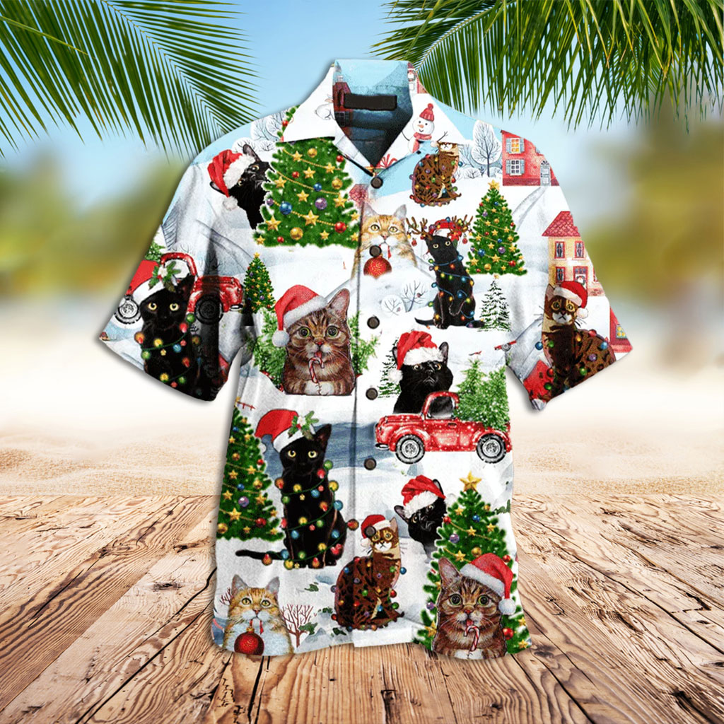 Cat Hawaiian Shirt Cat And Christmas Trees Hawaiian Shirt
