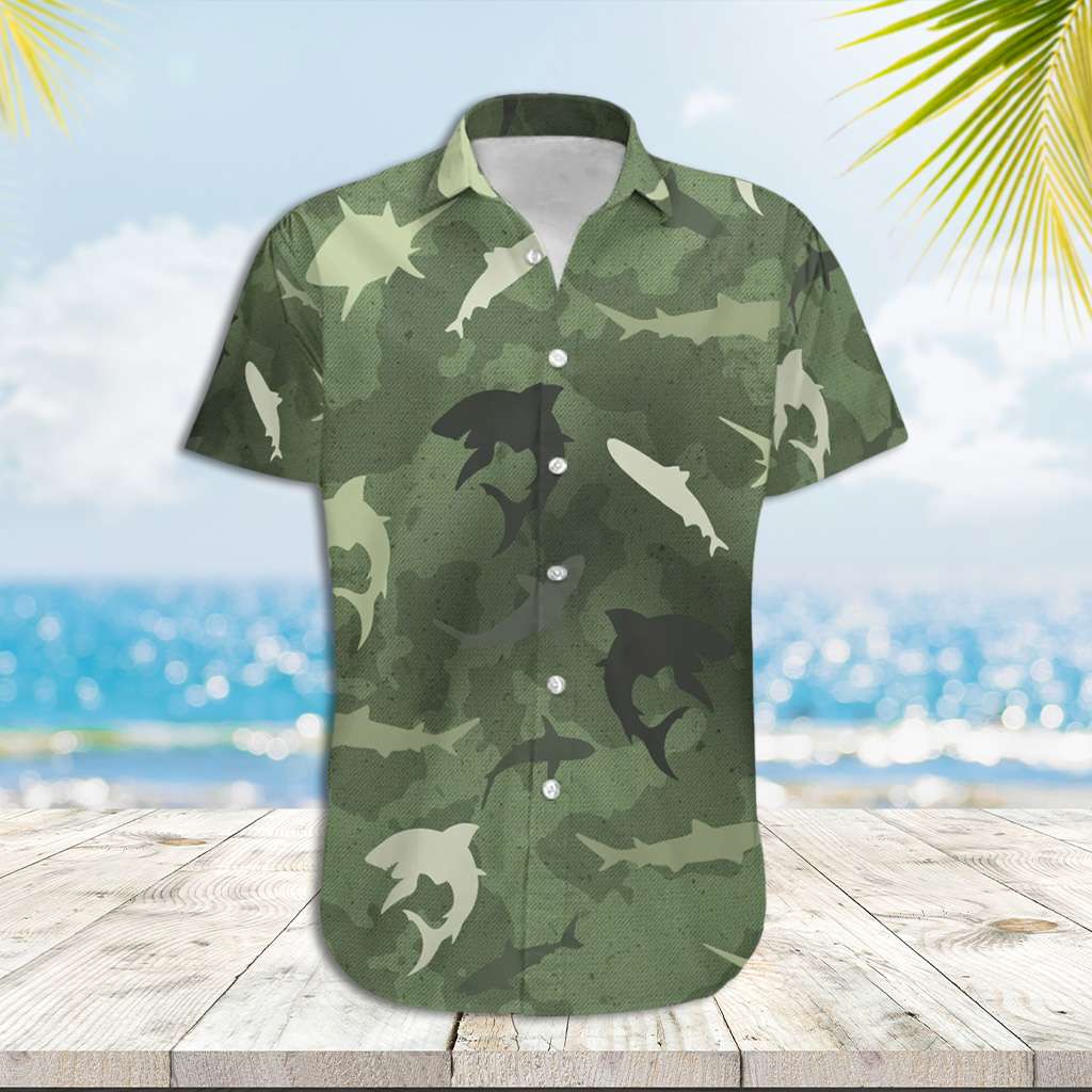 Camo Hawaiian Shirt Green Shark Camo Hawaiian Shirt