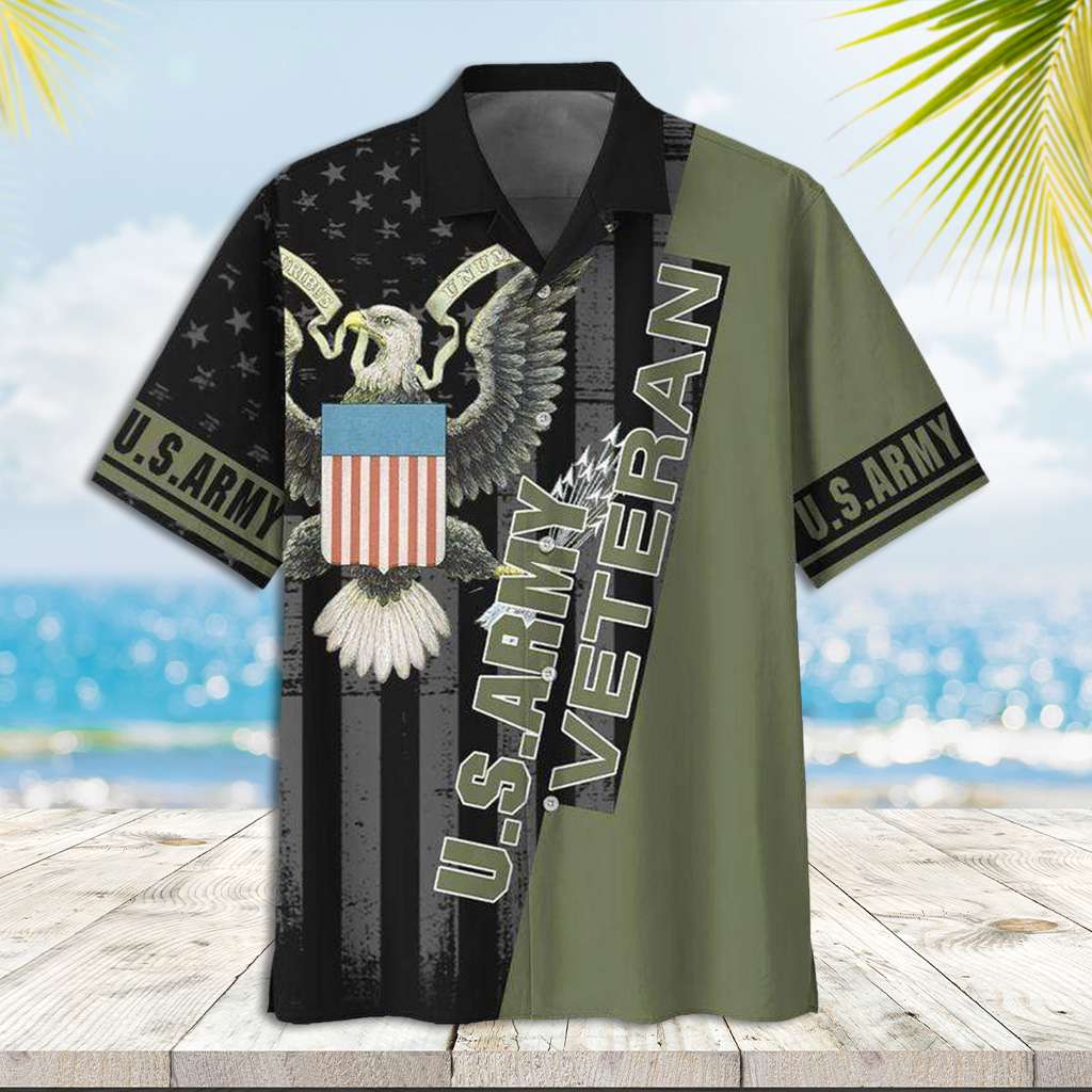 Camo Hawaiian Shirt US Army Veteran Flag Eagle Camo Hawaiian Shirt